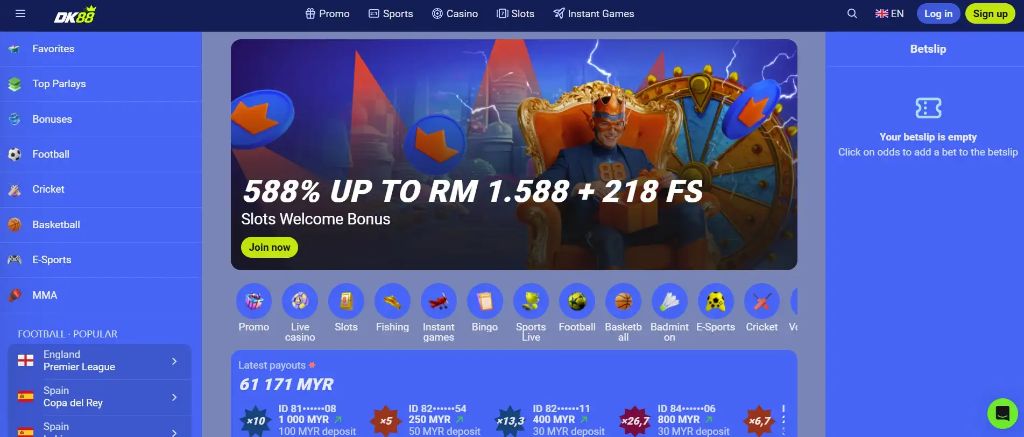 DK88 Casino platform interface showing game lobby with slots, live casino, sports betting, promotions, and payout ticker